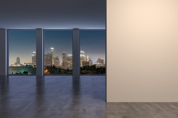 从高空窗口俯瞰洛杉矶市区天际线建筑。美丽昂贵的房地产俯瞰。空房间内部。模型墙。摩天大楼。的夜晚。加利福尼亚。3 d渲染。图片下载