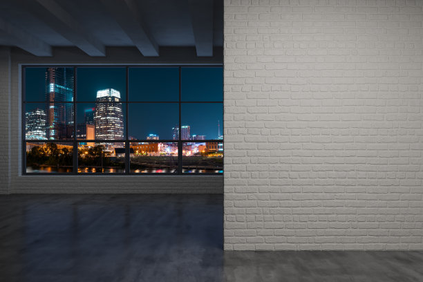 纳什维尔市中心的高楼窗外的天际线建筑。美丽昂贵的房地产俯瞰。空房间内部。模型墙。摩天大楼的城市。的夜晚。田纳西。3 d渲染。图片下载