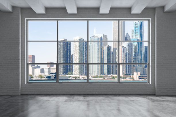 从窗户看芝加哥市区的天际线建筑。美丽昂贵的房地产。Epmty办公室内部摩天大楼，查看密歇根湖滨水，港口。城市景观。一天的时间。3 d渲染。图片下载