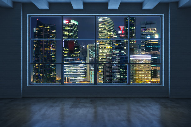 从高层窗口俯瞰新加坡市区天际线建筑。美丽昂贵的房地产俯瞰。空房间内部摩天大楼视图。晚上的时间。3 d渲染。图片下载