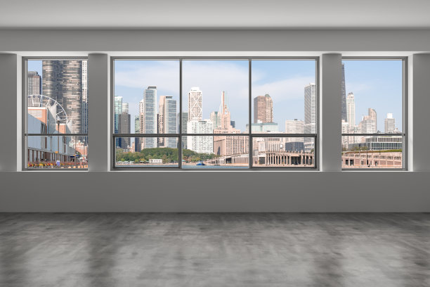 从窗户看芝加哥市区的天际线建筑。美丽昂贵的房地产。Epmty办公室内部摩天大楼，查看密歇根湖滨水，港口。城市景观。一天的时间。3 d渲染。图片下载