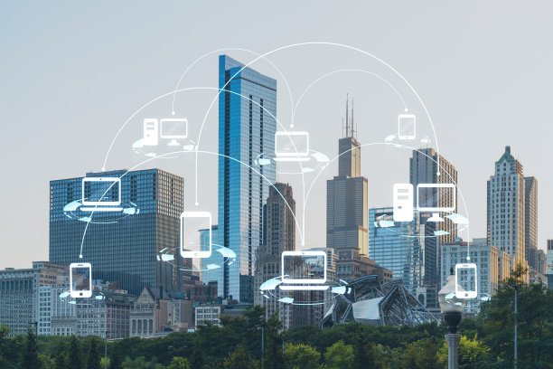 芝加哥天际线，巴特勒菲尔德朝着金融区摩天大楼，白天，伊利诺伊州，美国。公园和花园。社交媒体全息图。建立网络和建立新的人际关系的概念图片下载