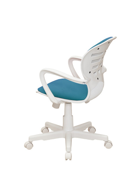 蓝色办公室织物扶手椅车轮孤立在白色背景，背面的看法图片下载