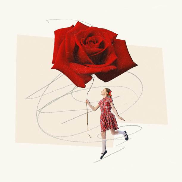 当代艺术拼贴。创意设计。美丽的女孩在格子裙拿着巨大的玫瑰花。美图片下载