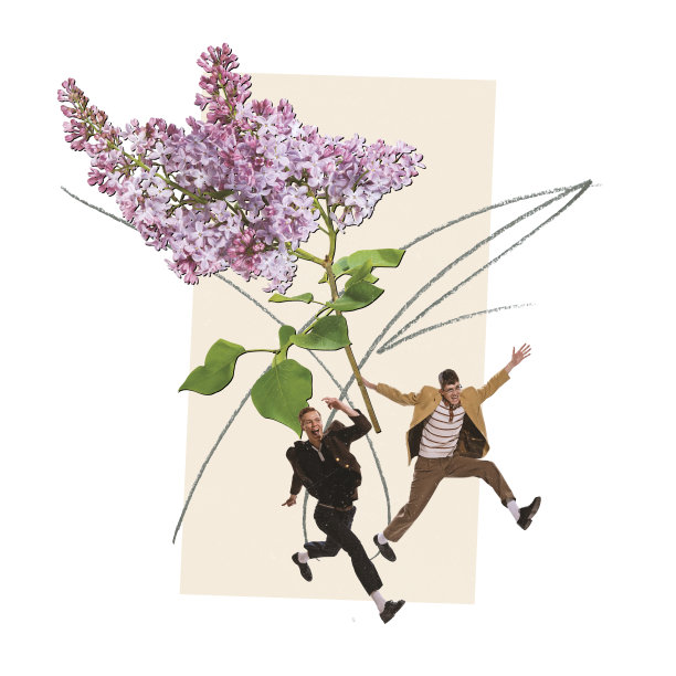 当代艺术拼贴。创意设计。两个时髦开朗的年轻人跑步约会。淡紫色的花图片下载