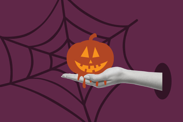 艺术拼贴的手与南瓜在一个紫色的背景与蜘蛛网。图片下载