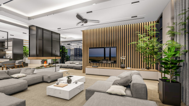 3d渲染现代舒适的室内与生活，用餐区，楼梯和厨房图片下载