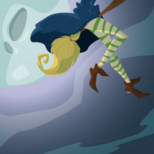 万圣节之夜骑着扫帚飞翔的女巫插图图片下载