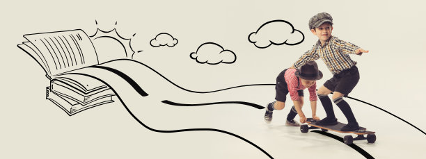 活泼开朗的孩子们，男孩们一起玩耍，玩滑板。童年的梦想涂鸦图片下载