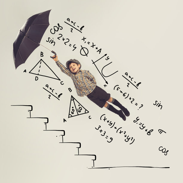 具有绘制元素的创意设计。小男孩，拿着伞在数学公式上飞翔的孩子图片下载