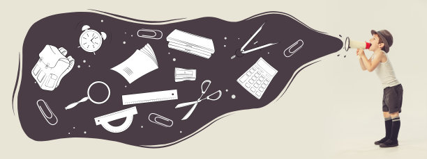 创意设计。小男孩对着扩音器大喊。回到学校涂鸦，静止不动。学校准备图片下载