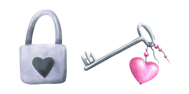 有心形钥匙链的锁和钥匙。灰色配粉色。水彩插图。从大型情人节套装中分离出来的物品。为设计、设计明信片、请柬图片下载