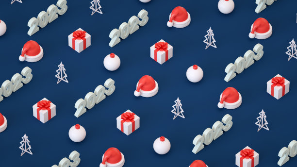 2023年圣诞新年蓝色背景等距视图图片下载