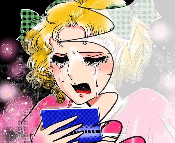 彩色卡通插图的年轻女士与金发和垂直卷从70年代的女孩的卡通哭泣，因为她的银行帐户余额低。图片下载