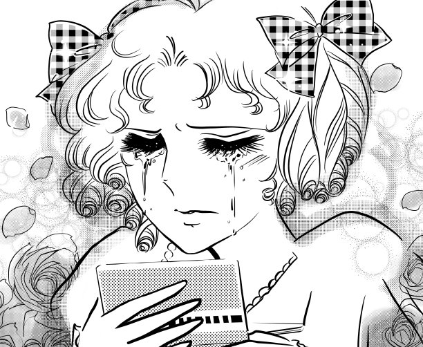 黑白卡通插图的年轻女士与金发和垂直卷从70年代的女孩的卡通哭泣，因为她的银行帐户余额低。图片下载