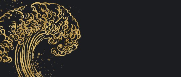 黑色背景上金色的传统日本波浪的抽象插图。黑暗的东方风格水平模板复制空间图片下载