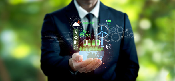 碳中和净零。污染之手和有效管理的净零符号-可再生能源，减少二氧化碳排放，绿色生产，和废物回收企业图片下载