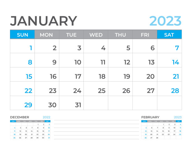 2023年1月页面，日历2023模板，台历2023年，规划师设计，墙日历，星期开始星期日，文具设计，办公桌办公室，组织者办公室，矢量eps10图片下载