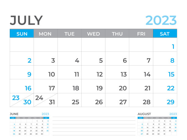 2023年7月页面，日历2023模板，台历2023年，规划师设计，墙日历，星期从周日开始，文具设计，办公桌办公室，组织者办公室，矢量eps10图片下载