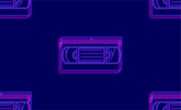 无缝模式VHS卡带。蓝色霓虹灯风格无缝图案。复古的风格图片下载
