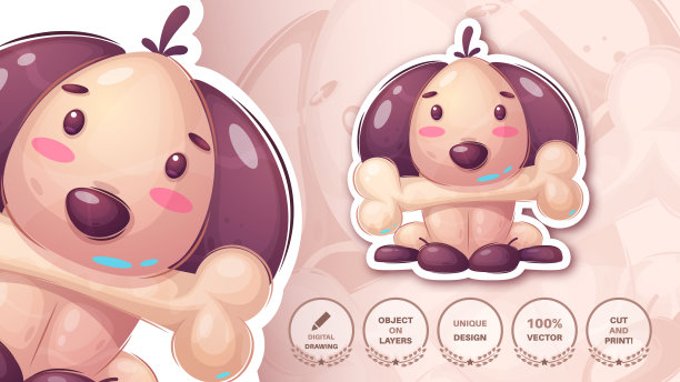 卡通人物可爱的狗与骨头贴纸图片下载