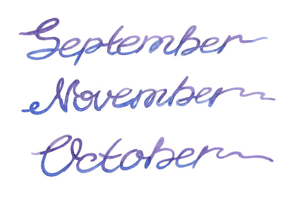 设置水彩连续一条线蓝色和紫色绘制的九月，十一月和十月的白色背景图片下载