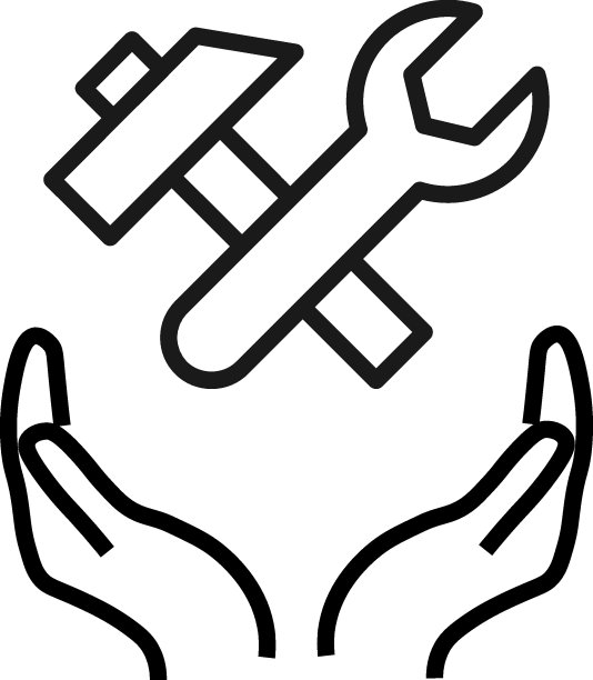 支持、呈现、慈善理念。用黑色细线绘制的现代矢量符号。可编辑的中风。矢量线图标的锤子和扳手在伸出的手图片下载