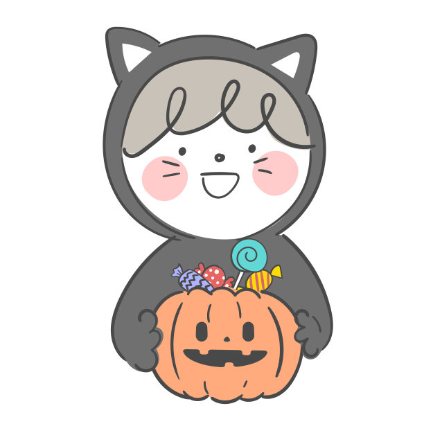 一个孩子穿着万圣节的黑猫服装的插图。图片下载