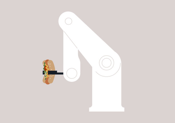 机器人咖啡师手臂端着热狗，里面有生菜、洋葱圈、香肠和调味品图片下载