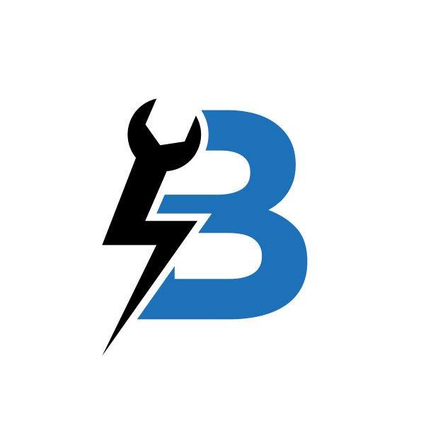 初始字母B维修扳手和伏特电源标志设计维修，电子标志矢量模板图片下载
