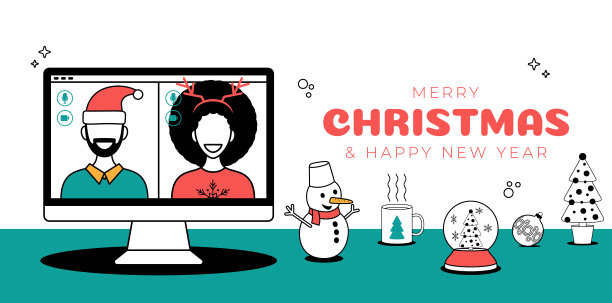 男人和女人通过电脑上的视频会议在线见面，然后在圣诞节期间进行虚拟讨论。新年的人们通过视频呼叫矢量插画在线聚会。图片下载