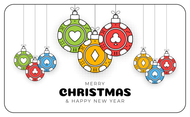 时尚线条风格扑克圣诞贺卡。圣诞快乐新年好轮廓卡通运动banner。白色背景上作为圣诞球的赌场筹码。矢量素材图片下载