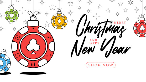 扑克圣诞贺卡在潮流线风格。圣诞快乐，新年快乐轮廓卡通体育横幅。白色背景的赌场筹码作为圣诞球。矢量插图。图片下载