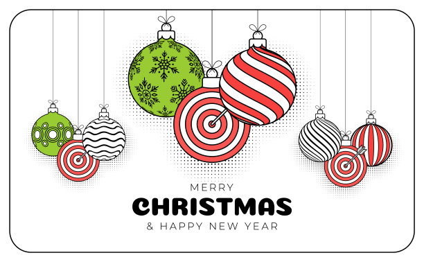 目标圣诞贺卡在时尚的线条风格。圣诞快乐，新年快乐轮廓卡通体育横幅。目标球作为一个圣诞球在白色背景。矢量插图。图片下载