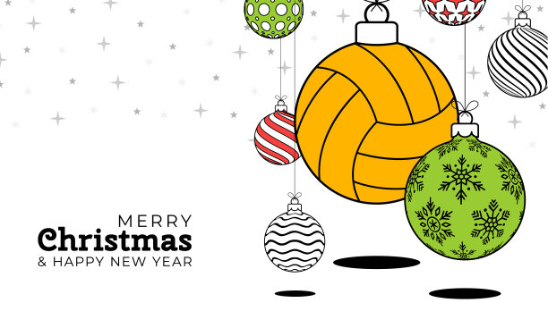 时尚线条风格排球圣诞贺卡。圣诞快乐，新年快乐轮廓卡通体育banner。白色背景上作为圣诞球的排球。矢量素材图片下载
