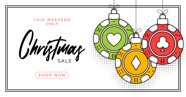 时尚线条风格扑克圣诞贺卡。圣诞快乐新年好轮廓卡通运动banner。白色背景上作为圣诞球的赌场筹码。矢量素材图片下载