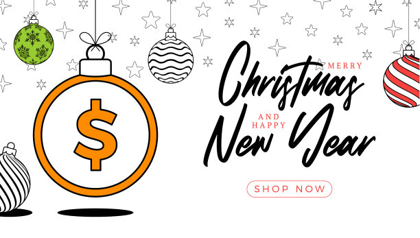 金钱圣诞贺卡在时尚的线风格。圣诞快乐，新年快乐勾勒卡通钞票横幅。白色背景的圣诞球硬币。矢量插图。图片下载