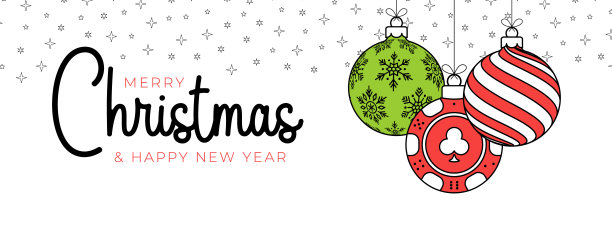 时尚线条风格扑克圣诞贺卡。圣诞快乐新年好轮廓卡通运动banner。白色背景上作为圣诞球的赌场筹码。矢量素材图片下载