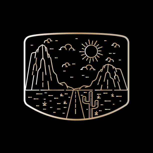 岩石山和道路包围仙人掌单线艺术，徽章矢量插图，t恤艺术，设计矢量图片下载