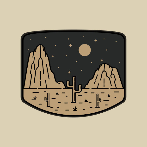 岩石山和一些仙人掌与星星在单线艺术，徽章矢量插图，t恤艺术，设计矢量图片下载