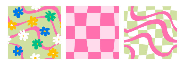 一套嬉皮和groovy的无缝模式与波浪线，雏菊花和扭曲的笼子图片下载