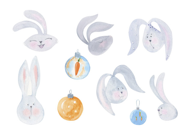 圣诞节可爱的兔子，新年的球。水彩插图。不同的情绪图片下载