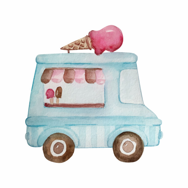 水彩蓝色巴士冰淇淋图片下载