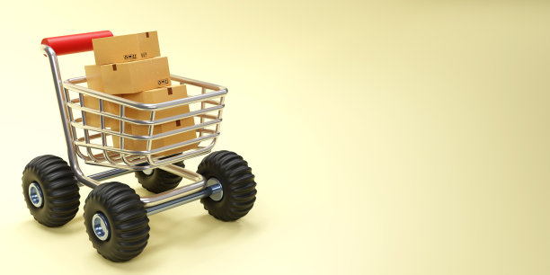 超级购物车的3D渲染与纸箱在粉彩背景图片下载