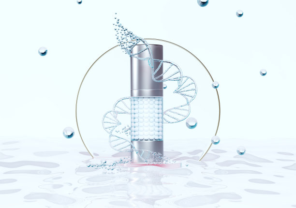 DNA分子概念保湿彩妆瓶。保湿化妆品广告模板。现实奶油容器和水溅在蓝色背景。3 d渲染,插图图片下载