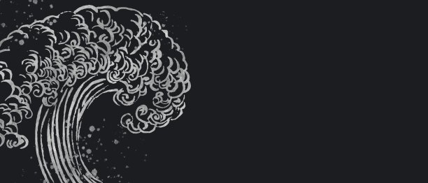 黑色背景上的银色传统日本波浪的抽象插图。黑暗的东方风格水平模板复制空间图片下载