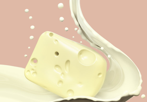 三角形的山羊牛奶奶酪溅牛奶插图3d渲染。图片下载