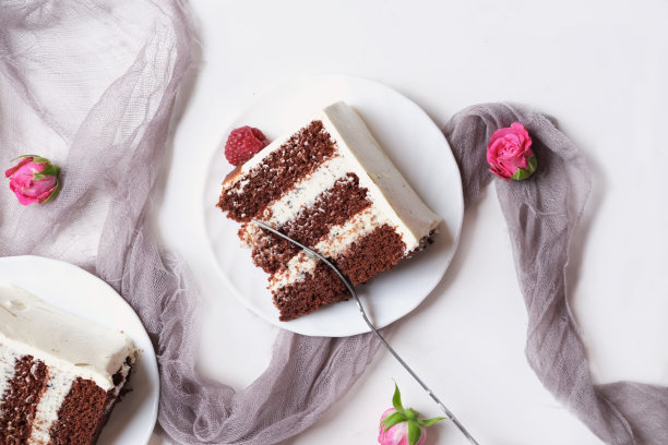 一片巧克力蛋糕，白色底色的奶油。图片下载