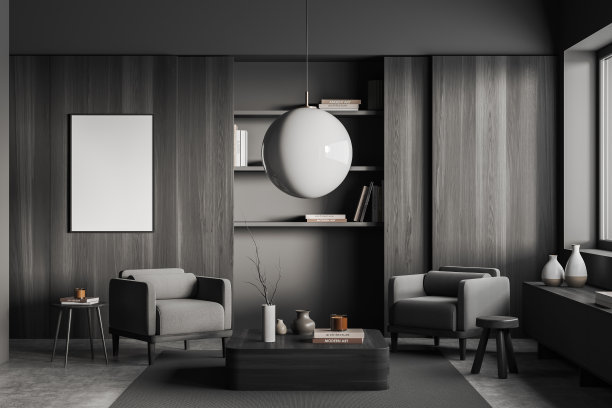 灰色放松室内部有椅子和装饰，架子和模型框架图片下载