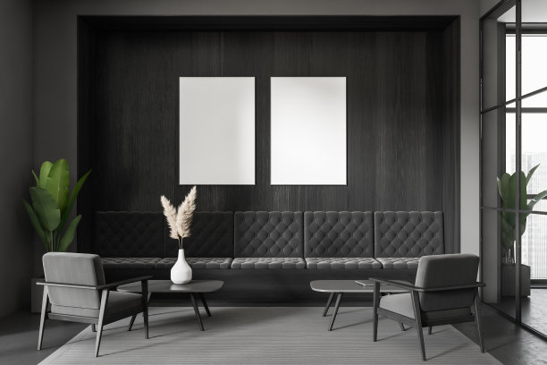 灰色的候诊室内部，沙发和椅子带有全景窗。模型框架图片下载